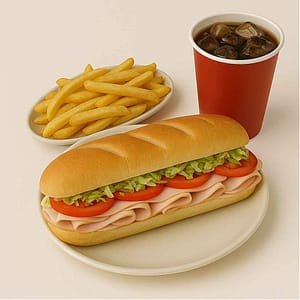 12-inch New York-style sub sandwich with crispy fries and a drink cup – NYC Kings Deli combo meal in Newport News 23606 near CNU