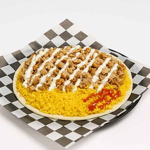 Hyper-realistic Chicken Over Rice platter on check deli paper with tender seasoned chicken over fluffy yellow rice, drizzled with creamy white sauce and spicy hot sauce. Perfect Halal food or lunch near me in Newport News.