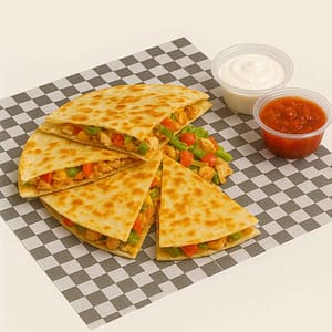 Hyper-realistic Chicken Quesadilla on check deli paper, cut into golden-brown slices, filled with tender chicken, peppers, onions, melted cheeses, lettuce, and tomato. Served with sour cream and salsa. Perfect quesadilla lunch near me in Newport News.