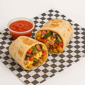 A hyper-realistic image of a Loaded Veggie Breakfast Burrito cut in half, filled with scrambled eggs, caramelized onions, grilled mushrooms, bell peppers, crispy tater tots, and melted cheese, served with a side of salsa on black-and-white checkered deli paper. Perfect for anyone searching for a Veggie Breakfast Burrito or Breakfast near me in Newport News.