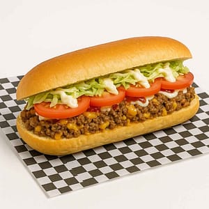 Hyper-realistic New York Chopped Cheese Sandwich on a fresh 12" hero roll with seasoned beef, melted American cheese, lettuce, tomato, mayo, and ketchup on check deli paper. Perfect choice for lunch near me in Newport News.