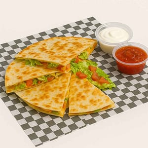 Hyper-realistic Cheese Quesadilla on check deli paper, cut into four golden-brown slices, filled with melted pepper jack and cheddar cheeses, lettuce, and tomato. Served with sour cream and salsa. Perfect quesadilla lunch near me in Newport News.