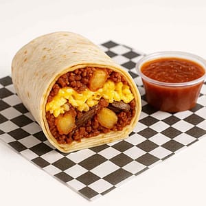 A hyper-realistic image of a Spicy Chorizo Breakfast Burrito cut open to show scrambled eggs, crispy tater tots, melted cheese, and spicy chorizo inside a golden tortilla, served with a side of salsa on black-and-white checkered deli paper. Perfect for anyone searching for Breakfast Burrito near me or Chorizo Burrito Newport News.