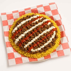 Hyper-realistic Lamb Over Rice platter on check deli paper with tender seasoned lamb served over fluffy yellow rice, drizzled with creamy white sauce and spicy hot sauce. Perfect Halal food or lunch near me in Newport News.