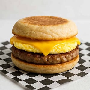 Hyper-realistic Sausage, Egg & Cheese Sandwich on black and white deli paper with melted cheese and fluffy egg, perfect breakfast food near me in Newport News 23606 VA.