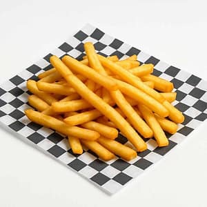 Hyper-realistic French Fries on check deli paper, golden and crispy with a light sprinkle of salt. Perfect side dish or snack near me in Newport News.