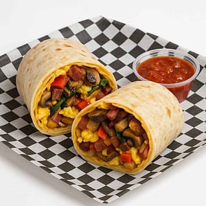 A hyper-realistic image of a Meat & Veggie Combo Breakfast Burrito cut in half, filled with scrambled eggs, crispy tater tots, melted cheese, bacon, ham, grilled mushrooms, caramelized onions, and bell peppers, served with a side of salsa on black-and-white checkered deli paper. Perfect for anyone searching for a Breakfast Burrito near me or Meat and Veggie Burrito Newport News