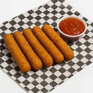 Hyper-realistic Mozzarella Sticks on check deli paper, six golden-fried cheese sticks served hot and crispy with a side of marinara sauce for dipping. Perfect snack or side near me in Newport News.