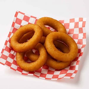 Hyper-realistic Onion Rings on check deli paper, thick-cut onions battered and fried to a golden crispy perfection. Perfect side dish or snack near me in Newport News.