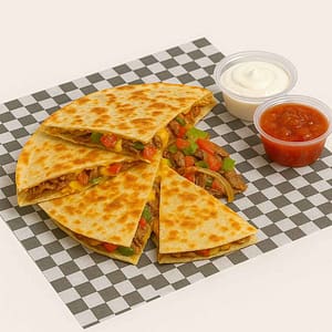 Hyper-realistic Steak Quesadilla on check deli paper, cut into golden-brown slices, filled with shredded steak, peppers, onions, and melted cheeses. Served with sour cream and salsa. Perfect quesadilla lunch near me in Newport News.