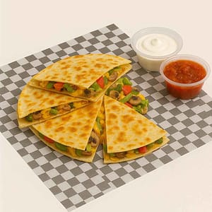 Hyper-realistic Veggie Quesadilla on check deli paper, cut into golden-brown slices, filled with peppers, onions, mushrooms, melted cheeses, lettuce, and tomato. Served with sour cream and salsa. Perfect vegetarian quesadilla lunch near me in Newport News.